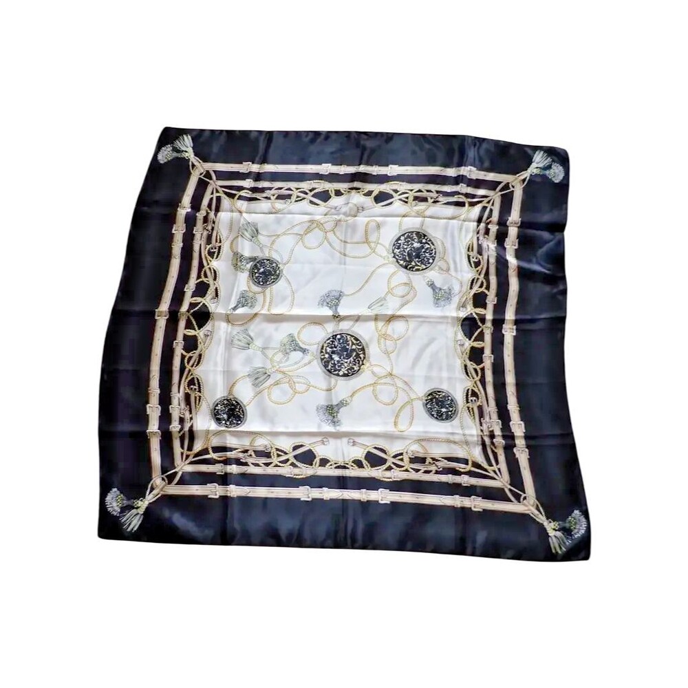 Silky Black Gold & White Tack and Tassel Scarf 35" Square Wrap No Tag